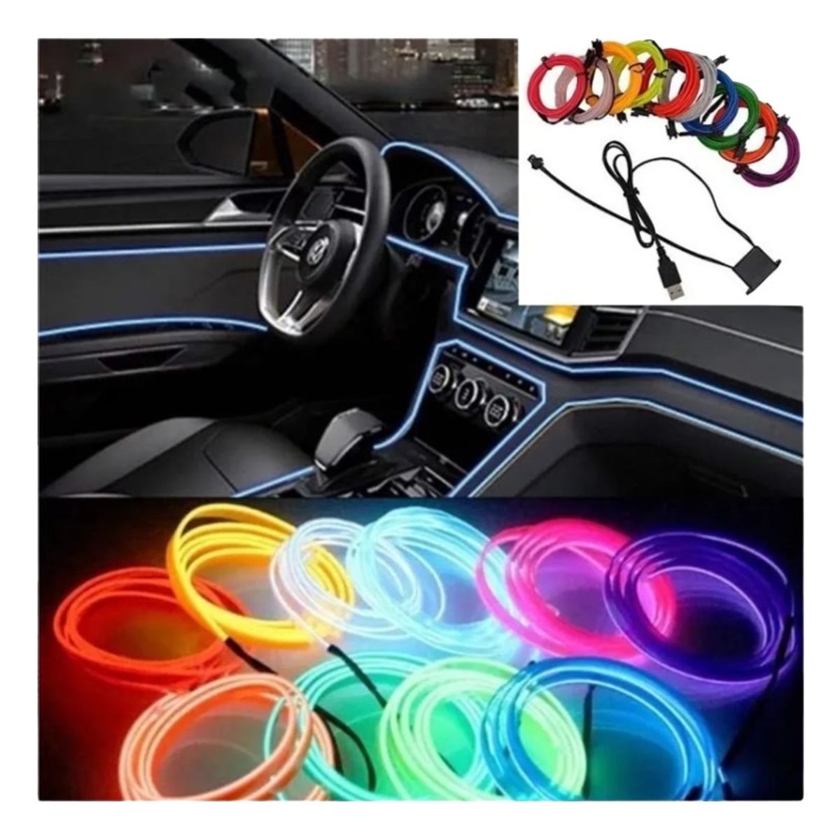 GENERICO - Hilo Tira Luz Neon Colores Led Conector Usb 12v Auto Moto 3m