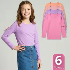 UTILISIMO - Pack 6 Camisetas Polera Bambú Cuello Redondo Primera Capa Manga Larga Colores Surtido Niña