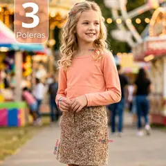 UTILISIMO - Pack 3 Camisetas Poleras Bambú Cuello Redondo Salmón Primera Capa Manga Larga Niña