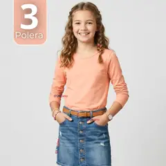 UTILISIMO - Pack 3 Camisetas Poleras Bambú Cuello Redondo Salmón Primera Capa Manga Larga Niña