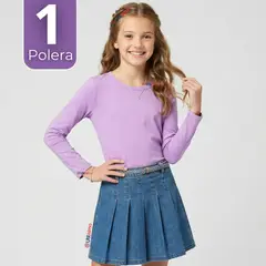 UTILISIMO - Camiseta Polera Bambú Cuello Redondo Lila Primera Capa Manga Larga Niña