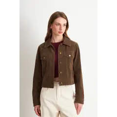 NICOPOLY - Chaqueta Corta Tipo Gamuza Café Mujer