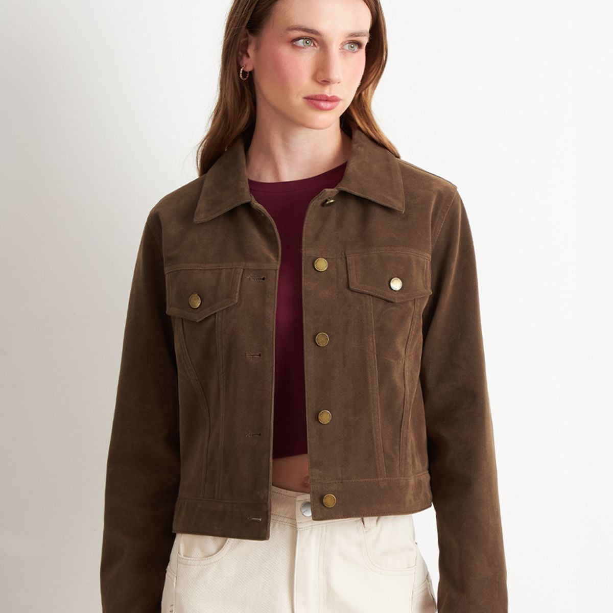NICOPOLY - Chaqueta Corta Tipo Gamuza Café Nicopoly