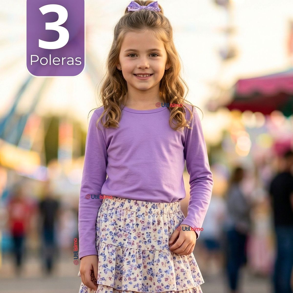 UTILISIMO - Pack 3 Camisetas Poleras Bambú Cuello Redondo Lila Primera Capa Manga Larga Niña