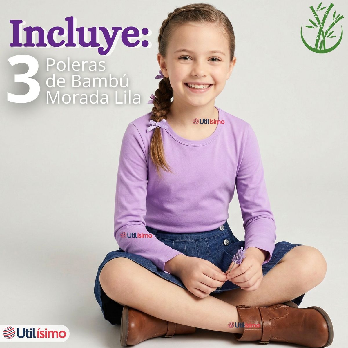 UTILISIMO - Pack 3 Camisetas Poleras Bambú Cuello Redondo Lila Primera Capa Manga Larga Niña