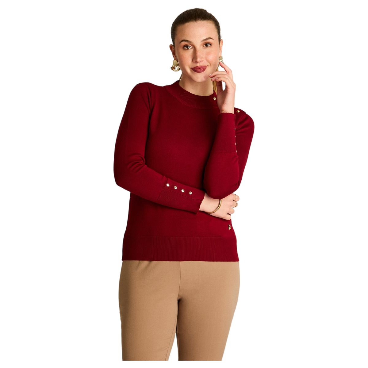 LORENZO DI PONTTI - Sweater Cuello Mock Botones Hombro Mangas Mujer Rojo