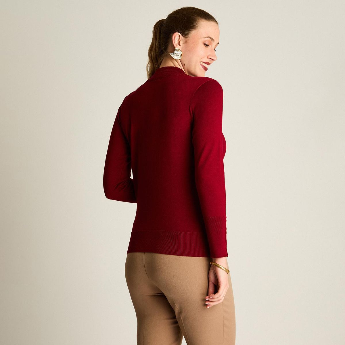 LORENZO DI PONTTI - Sweater Cuello Mock Botones Hombro Mangas Mujer Rojo
