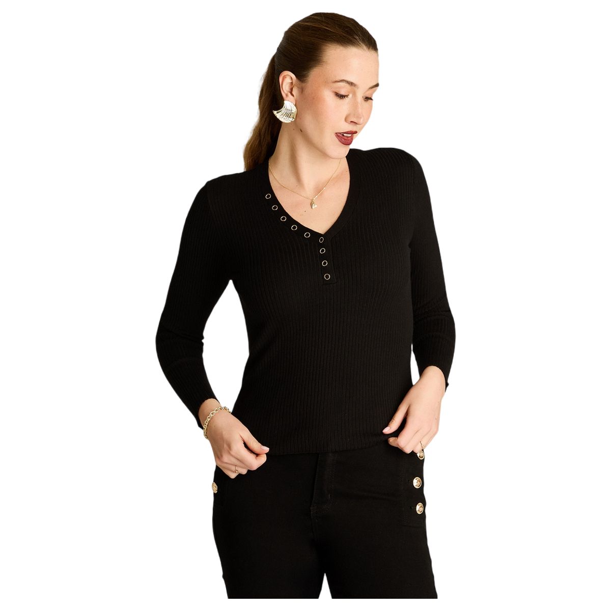 LORENZO DI PONTTI - Sweater Negro Manga Larga con Escote en V y Botones
