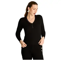 LORENZO DI PONTTI - Sweater Negro Manga Larga con Escote en V y Botones