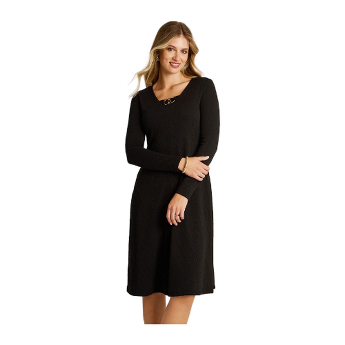 LORENZO DI PONTTI - Vestido Midi Negro en Lanilla con Escote en V y Detalle Dorado