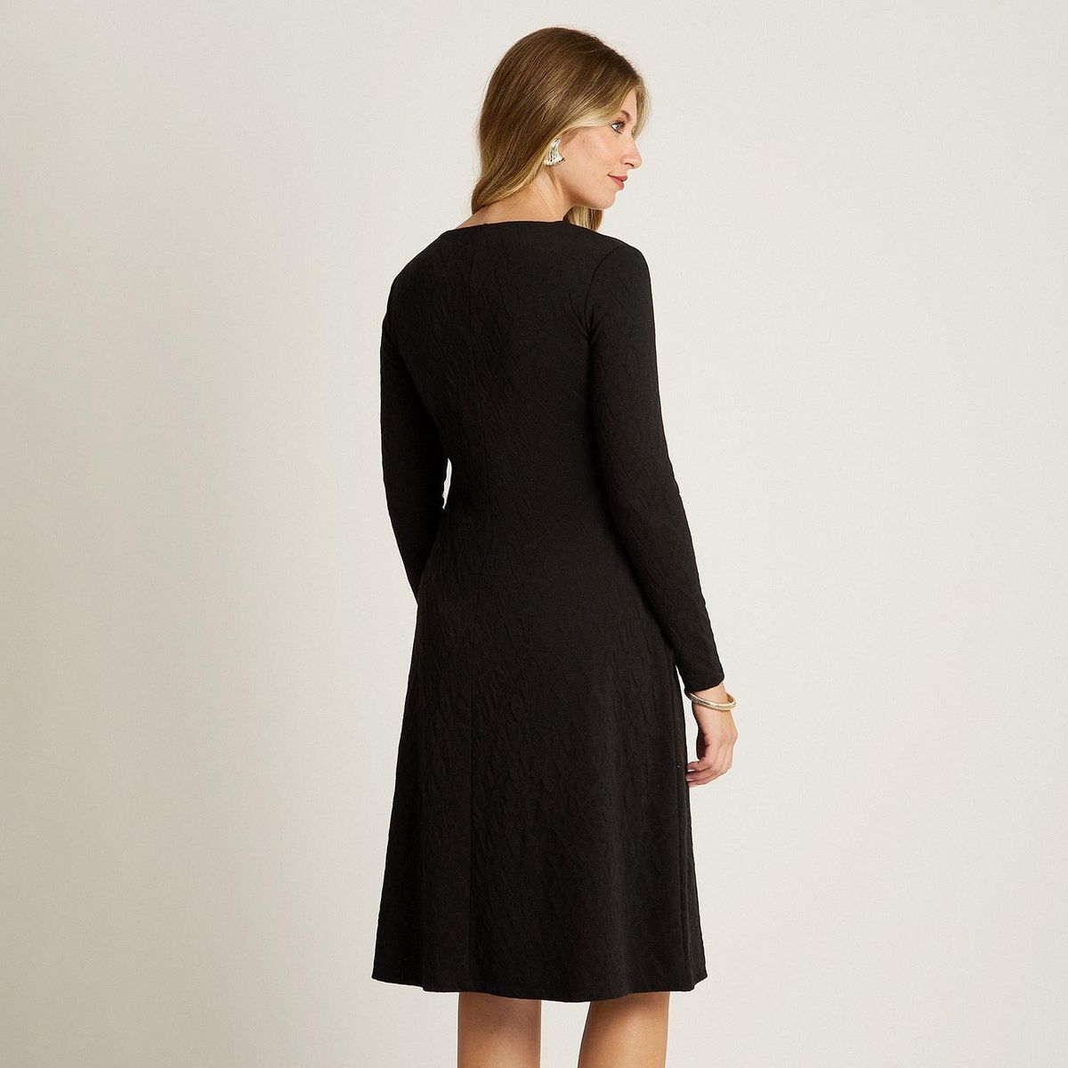 LORENZO DI PONTTI - Vestido Midi Negro en Lanilla con Escote en V y Detalle Dorado