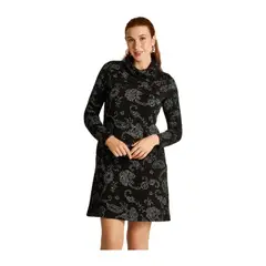 LORENZO DI PONTTI - Vestido Negro en Lanilla con Cuello Alto y Estampado Floral