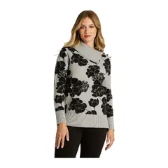 LORENZO DI PONTTI - Sweater Gris con Estampado Floral y Cuello Asimétrico en Tejido