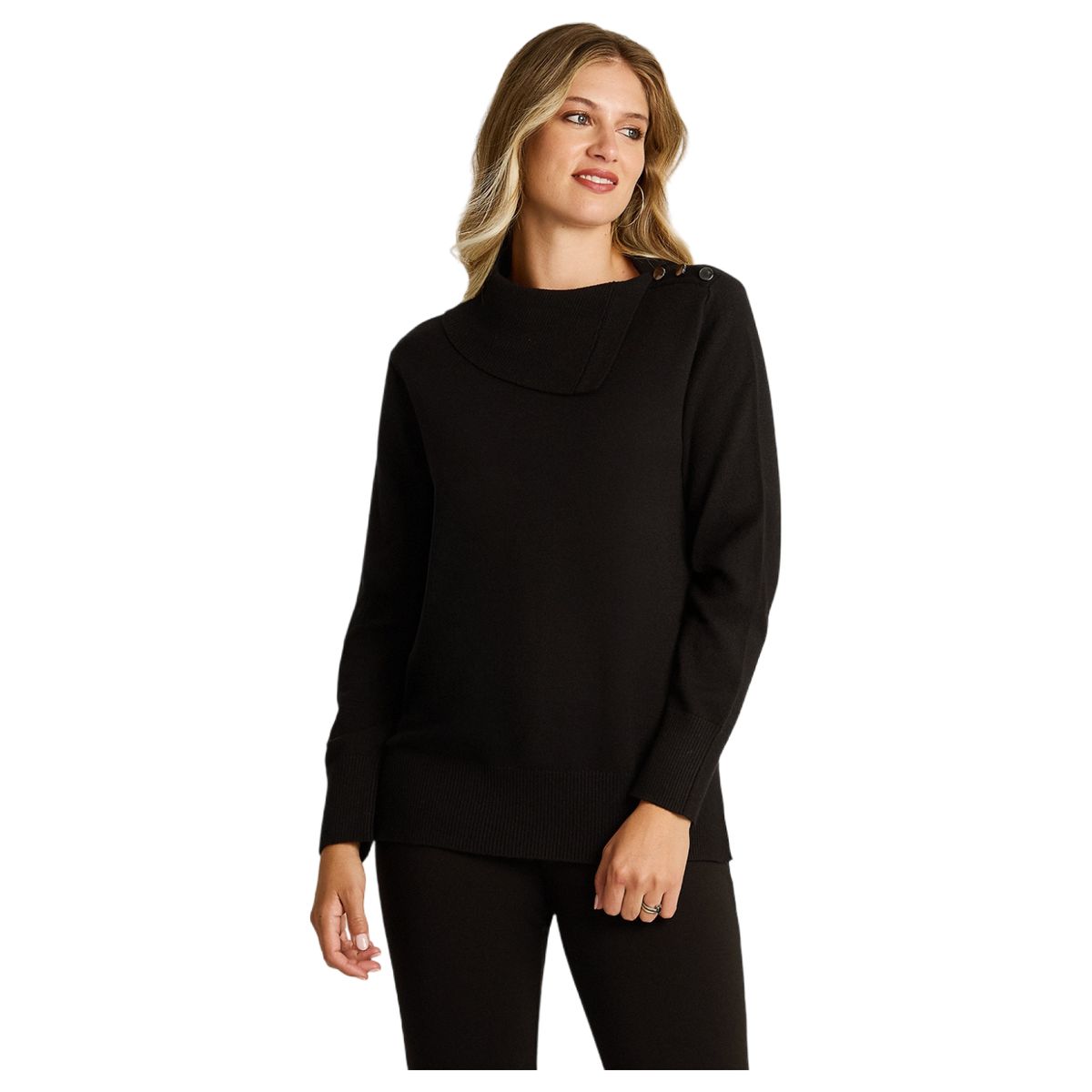 LORENZO DI PONTTI - Sweater Negro con Cuello Asimétrico y Botones en Hombro en Tejido