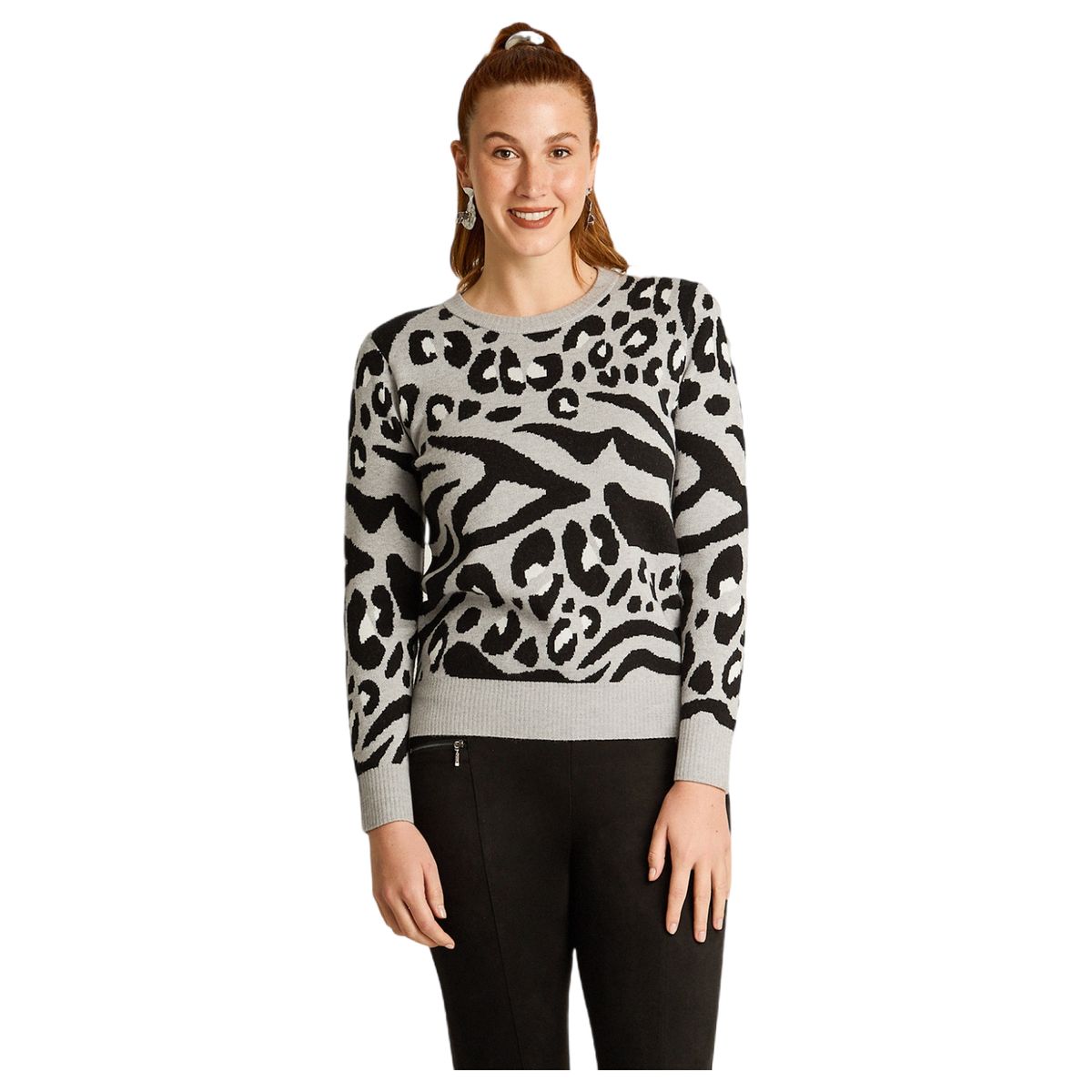 LORENZO DI PONTTI - Sweater Gris con Estampado Animal Print Jacquard en Tejido