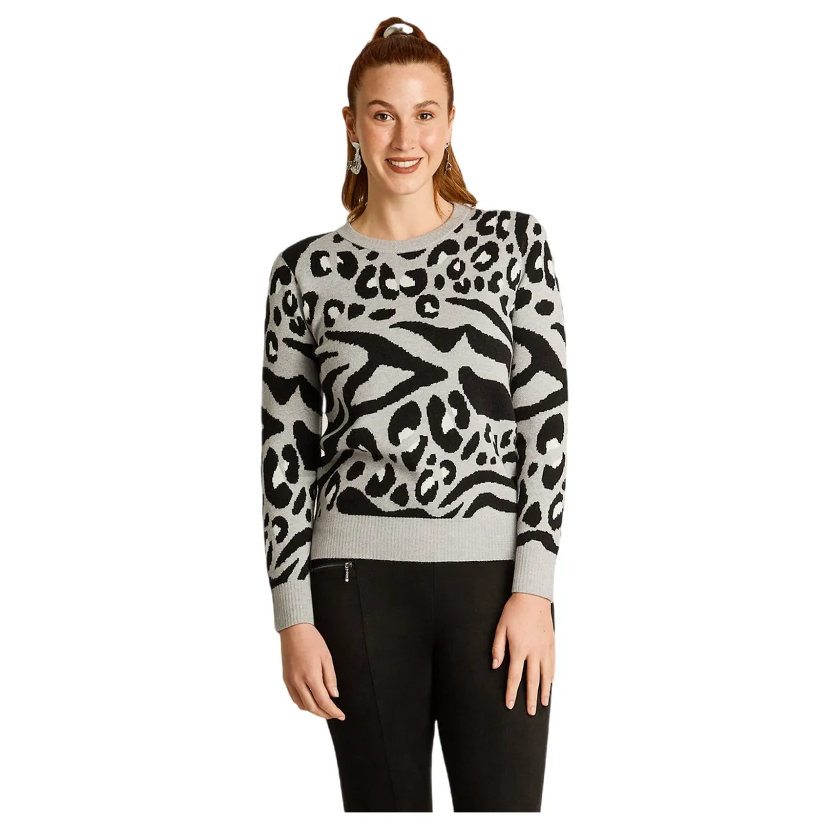 LORENZO DI PONTTI - Sweater Gris con Estampado Animal Print Jacquard en Tejido