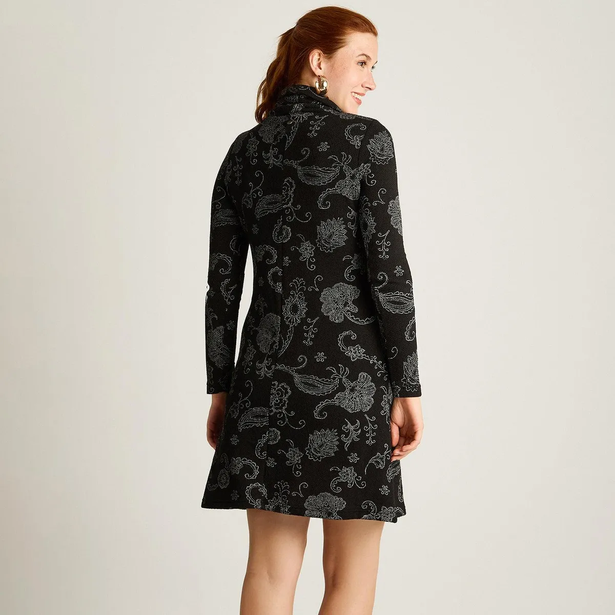 LORENZO DI PONTTI - Vestido Negro en Lanilla con Cuello Alto y Estampado Floral