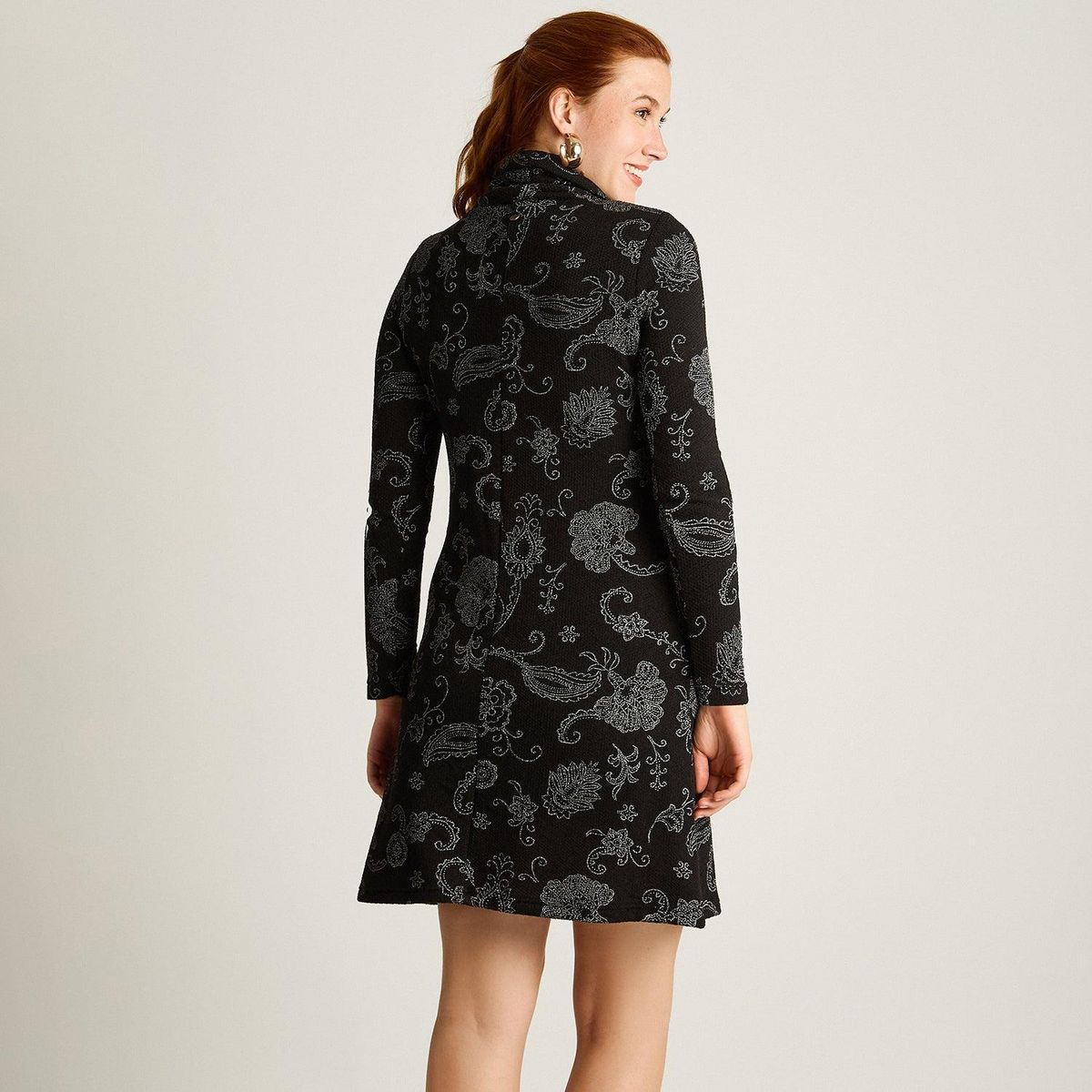 LORENZO DI PONTTI - Vestido Negro en Lanilla con Cuello Alto y Estampado Floral