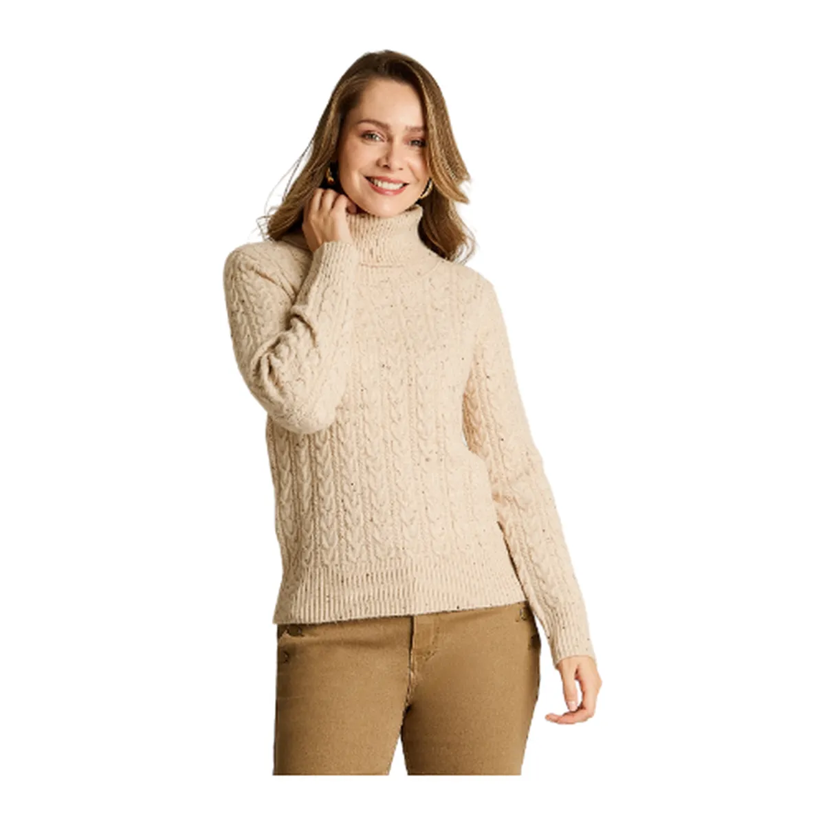 LORENZO DI PONTTI - Sweater Beige con Cuello Alto y Trenzado Jaspeado en Tejido