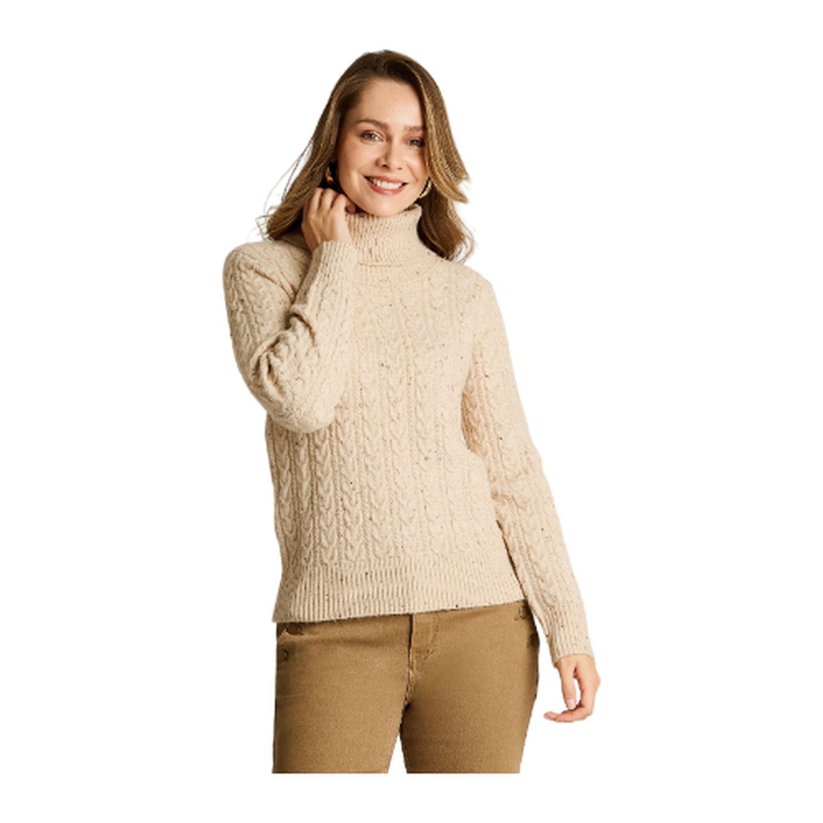 LORENZO DI PONTTI - Sweater Beige con Cuello Alto y Trenzado Jaspeado en Tejido