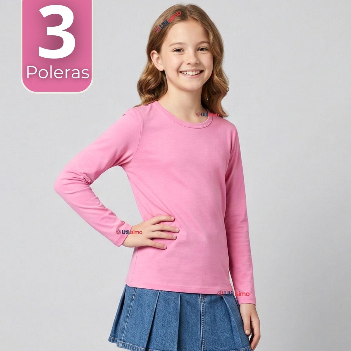 UTILISIMO - Pack 3 Camisetas Poleras Bambú Cuello Redondo Rosado Oscuro Primera Capa Manga Larga Niña