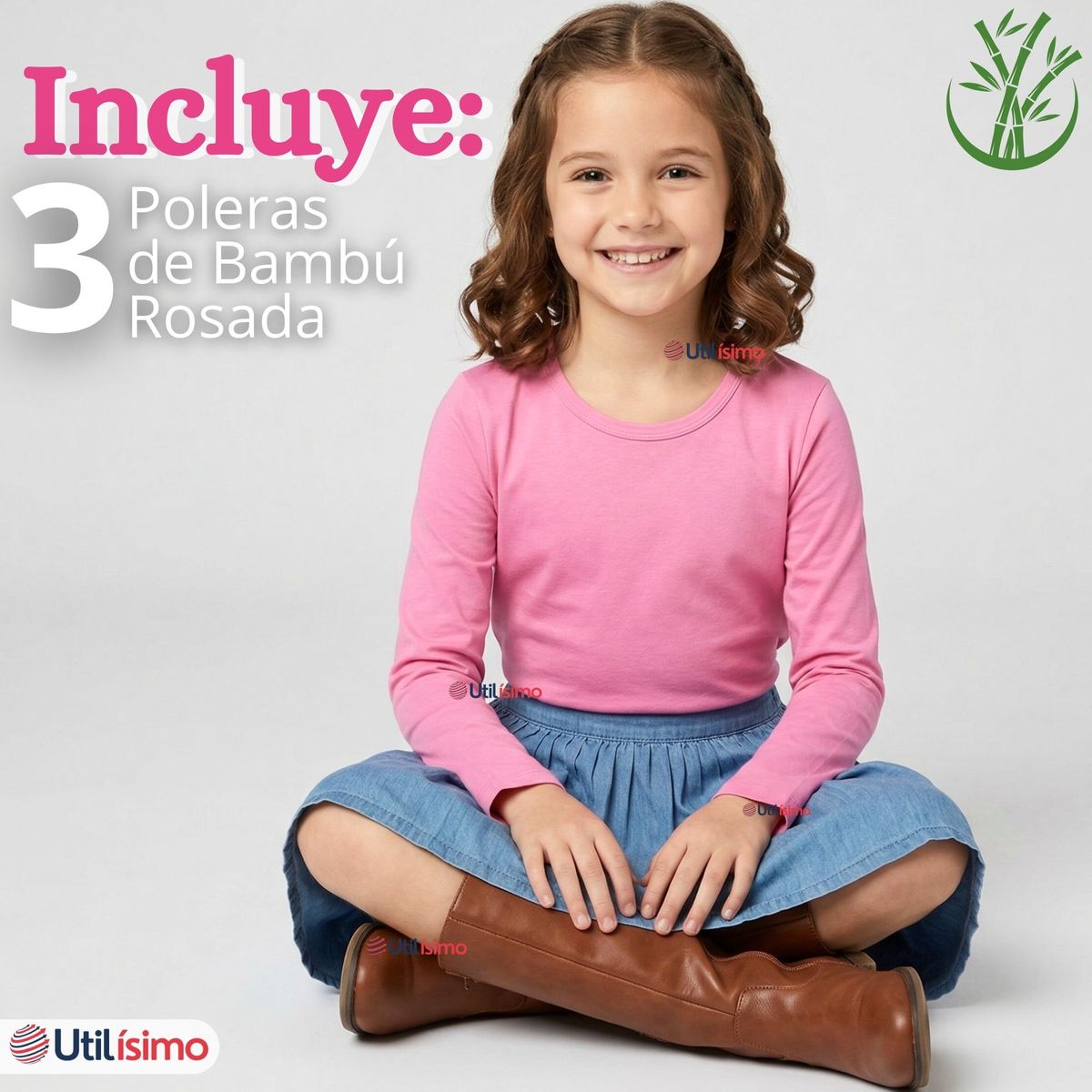 UTILISIMO - Pack 3 Camisetas Poleras Bambú Cuello Redondo Rosado Oscuro Primera Capa Manga Larga Niña