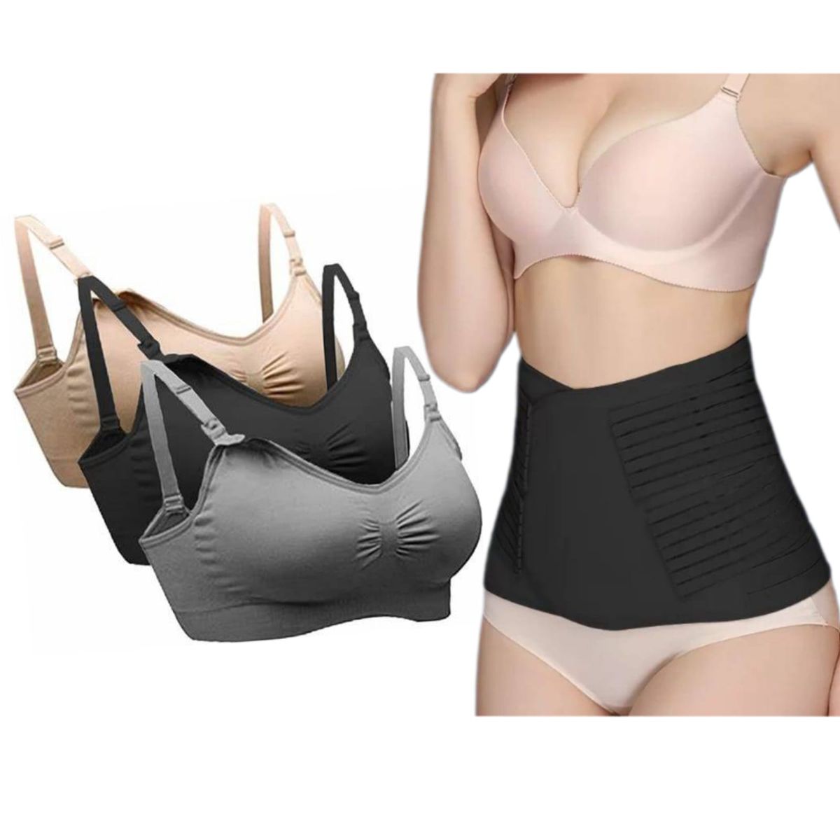 GENERICO - Pack XXL 3 Sosten Maternal  + Faja 4 Bandas Negra