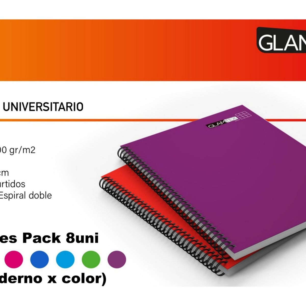 GLAM - Cuaderno Glamtex Universitario 100h Croquis Liso Colors 8u