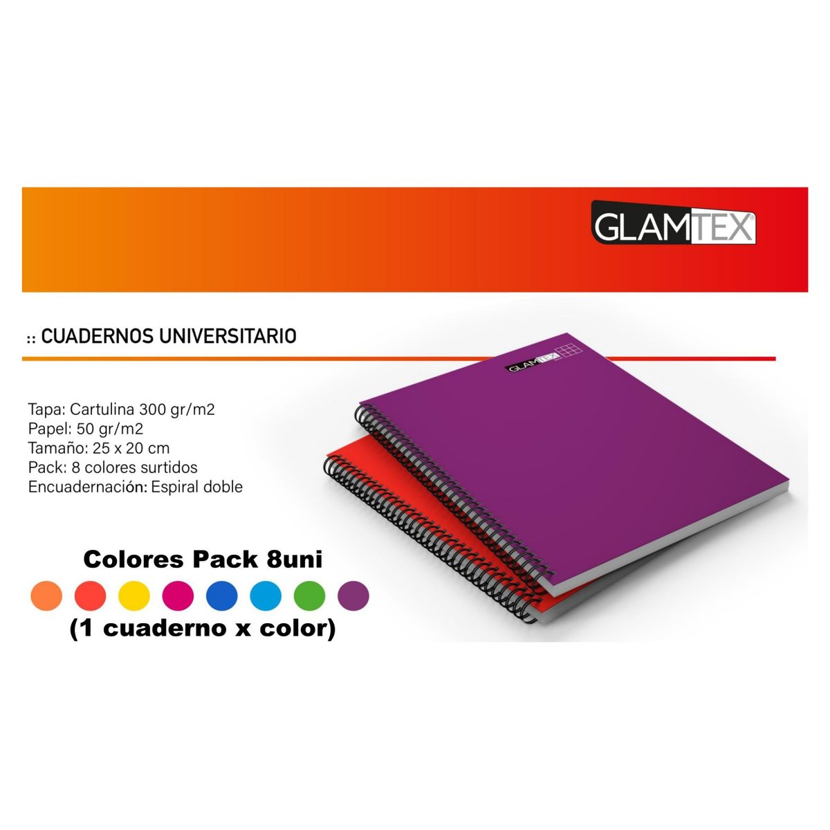 GLAM - Cuaderno Glamtex Universitario 100h Croquis Liso Colors 8u