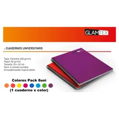 GLAM - Cuaderno Glamtex Universitario 100h Croquis Liso Colors 8u