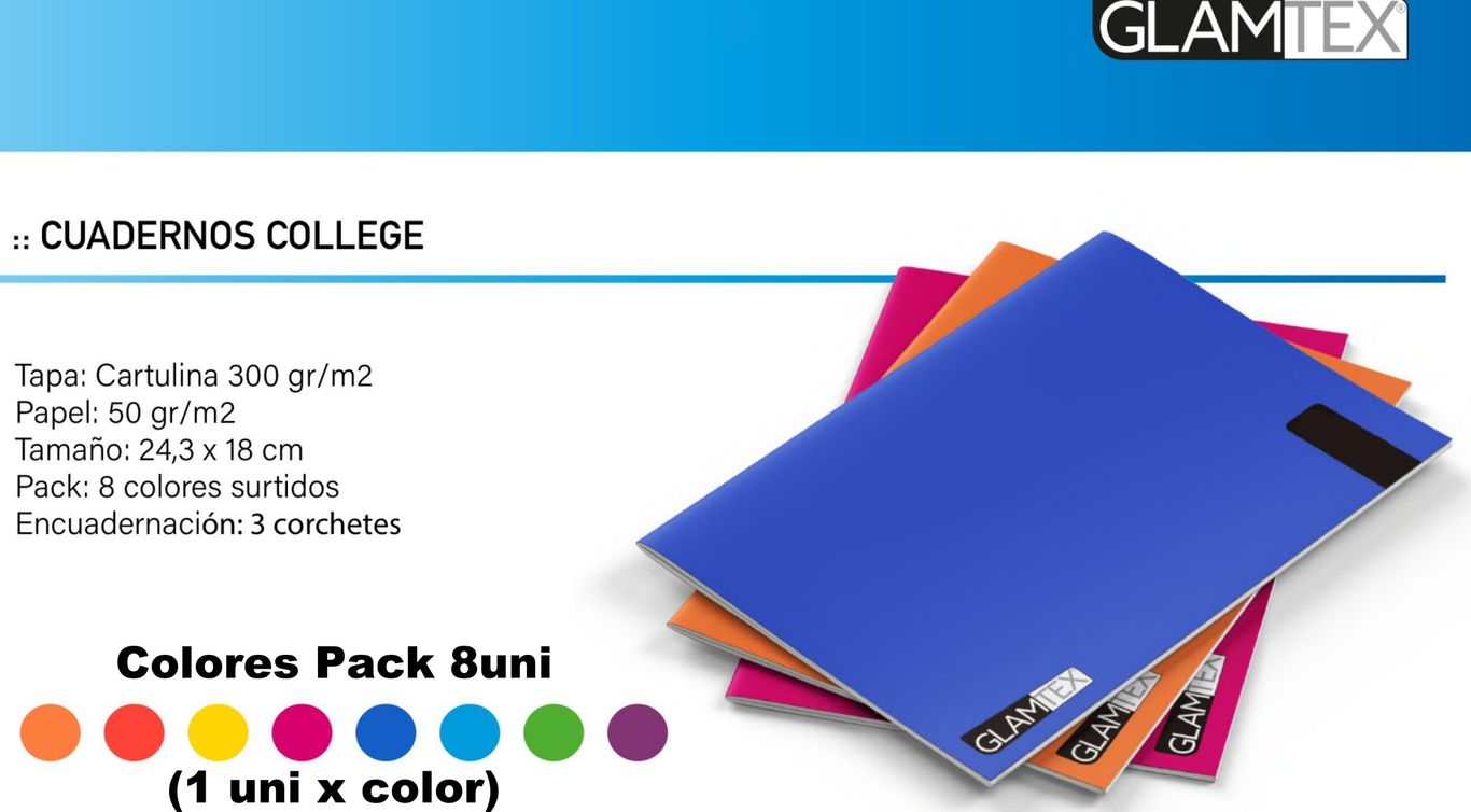 Cuaderno Glamtex College 100h Croquis Liso Colors 8u