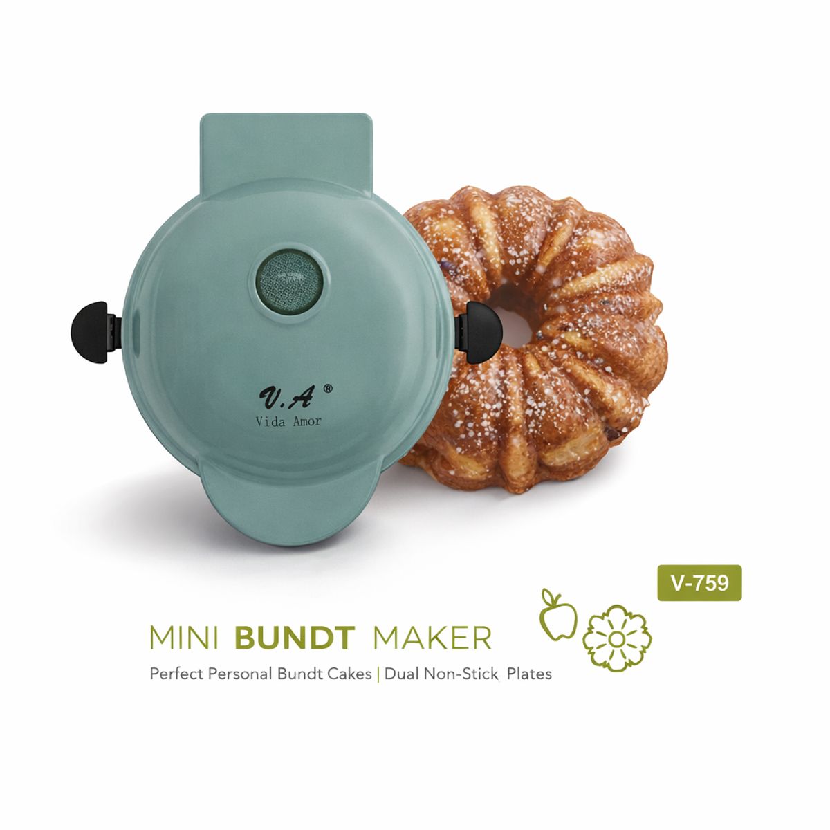 VIDAMOR - Maquina Mini Bundt Cake Maker Electrica Doble Placa Antiadherente Torta Individual