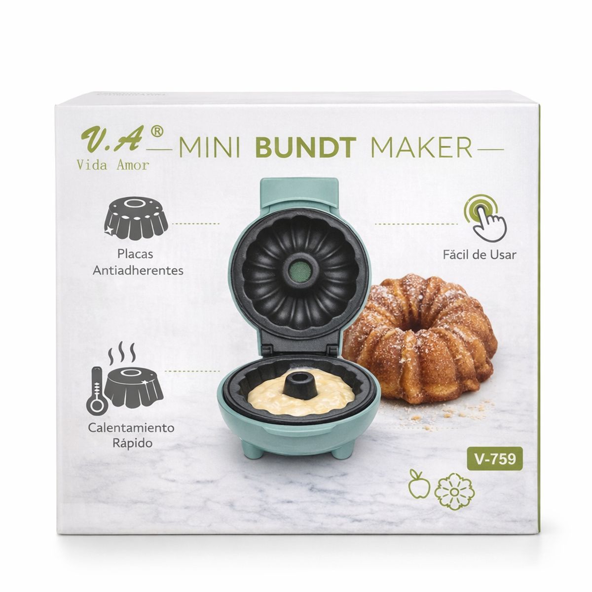 VIDAMOR - Maquina Mini Bundt Cake Maker Electrica Doble Placa Antiadherente Torta Individual