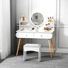 MOVI - Tocador o Mesa de Maquillaje con Luz LED – 2 Cajones y Asiento Incluido