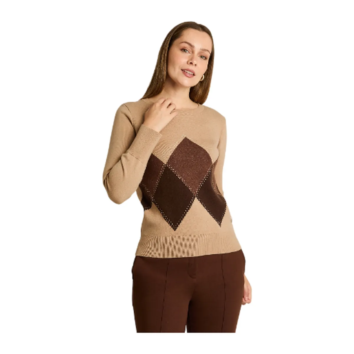 LORENZO DI PONTTI - Sweater Camel con Estampado de Rombos y Detalles de Pedrería en Tejido