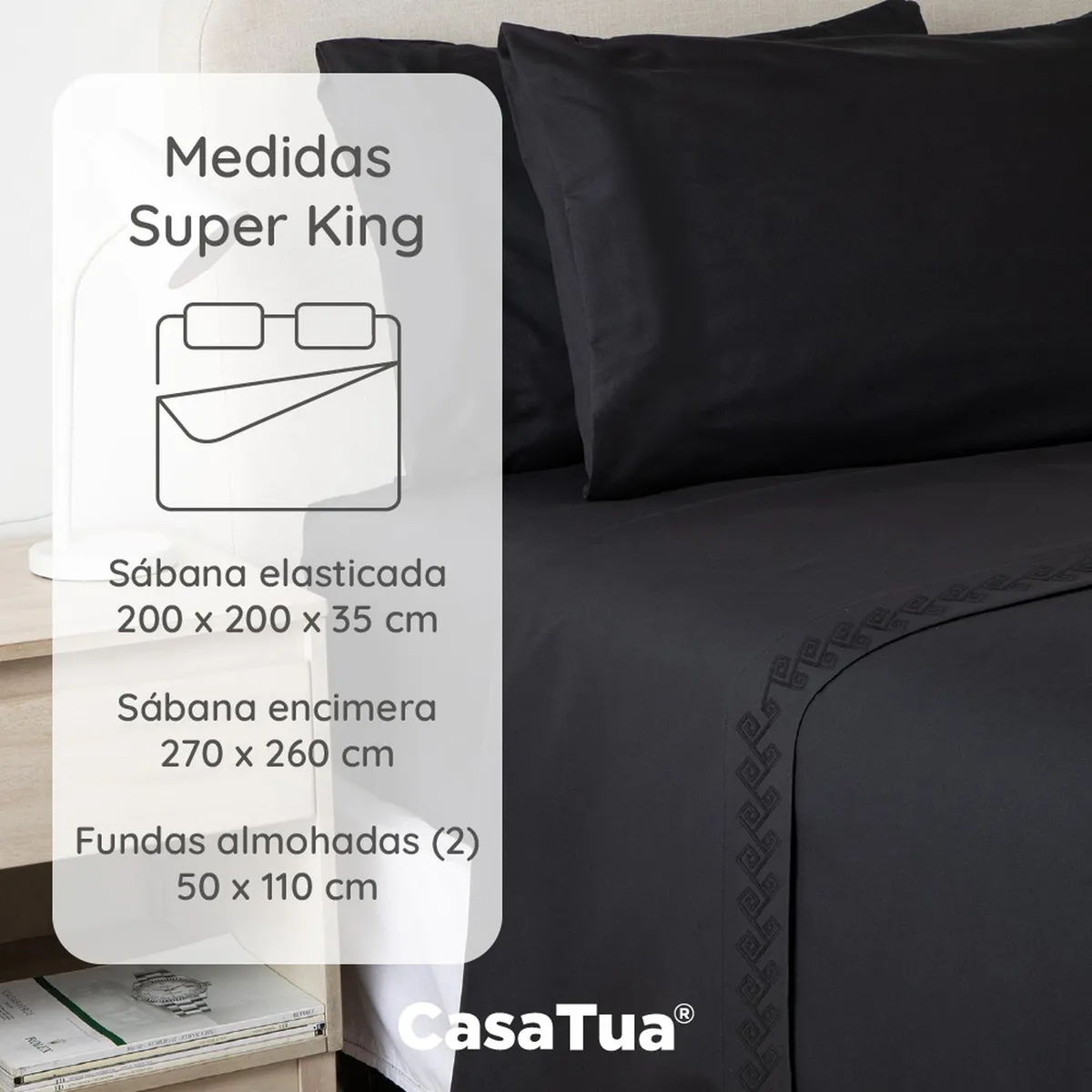 CASATUA - Sabanas 1800 Hotel CasaTua Ultra Suaves Bordadas Super King - Negro - Super King
