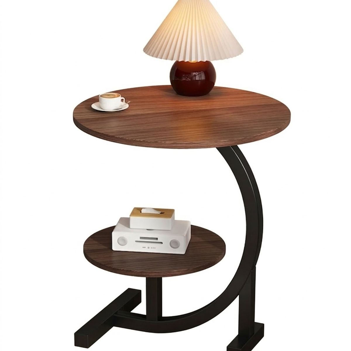 GENERICO - Mesa Lateral Circular de 2 Niveles Diseño Minimalista - Cafe