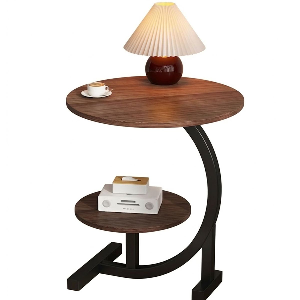 GENERICO - Mesa Lateral Circular de 2 Niveles Diseño Minimalista - Cafe