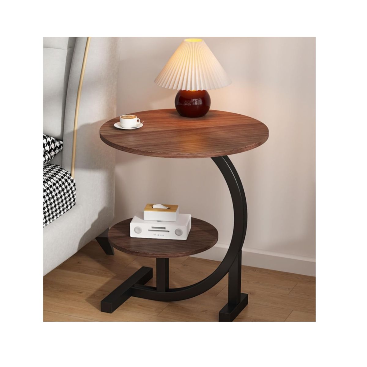 GENERICO - Mesa Lateral Circular de 2 Niveles Diseño Minimalista - Cafe