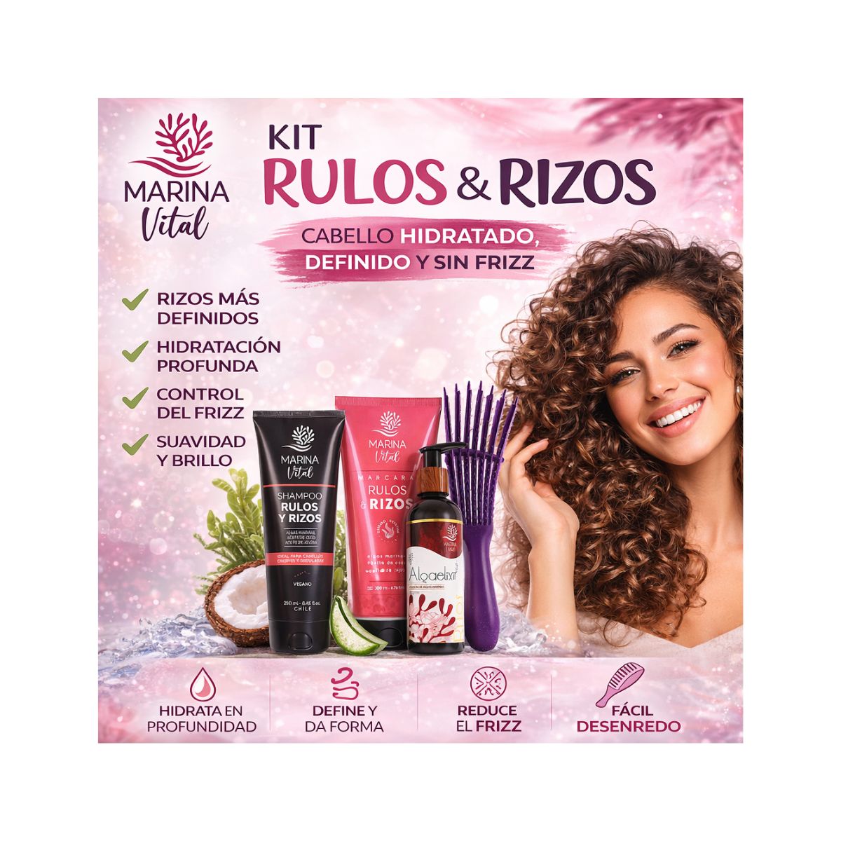 MARINA VITAL - Shampoo 250, Máscara  200  Y Locion Rulos Y Rizos MV+cepillo