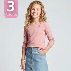 UTILISIMO - Pack 3 Camisetas Poleras Bambú Cuello Redondo Rosado Claro Primera Capa Manga Larga Niña