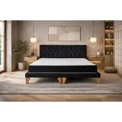 GENERICO - Cama 2 Plazas Colchón Hibrido Bonell Box Respaldo Capitone Felpa Negro