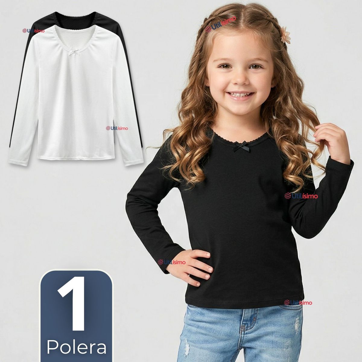 UTILISIMO - Camiseta Polera Algodón Cuello Redondo Primera Capa Manga Larga Colores Surtidos Niña