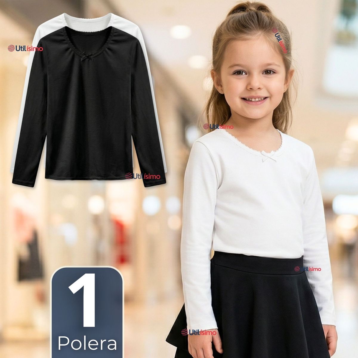 UTILISIMO - Camiseta Polera Algodón Cuello Redondo Primera Capa Manga Larga Colores Surtidos Niña