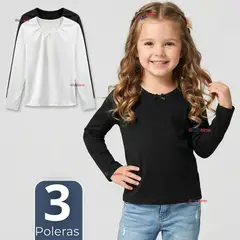 UTILISIMO - Pack 3 Camisetas Poleras Algodón Cuello Redondo Primera Capa Manga Larga Colores Surtidos Niña