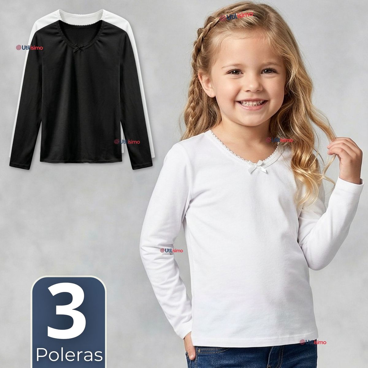 UTILISIMO - Pack 3 Camisetas Poleras Algodón Cuello Redondo Primera Capa Manga Larga Colores Surtidos Niña