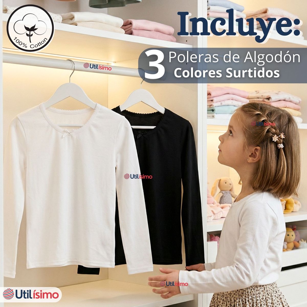 UTILISIMO - Pack 3 Camisetas Poleras Algodón Cuello Redondo Primera Capa Manga Larga Colores Surtidos Niña
