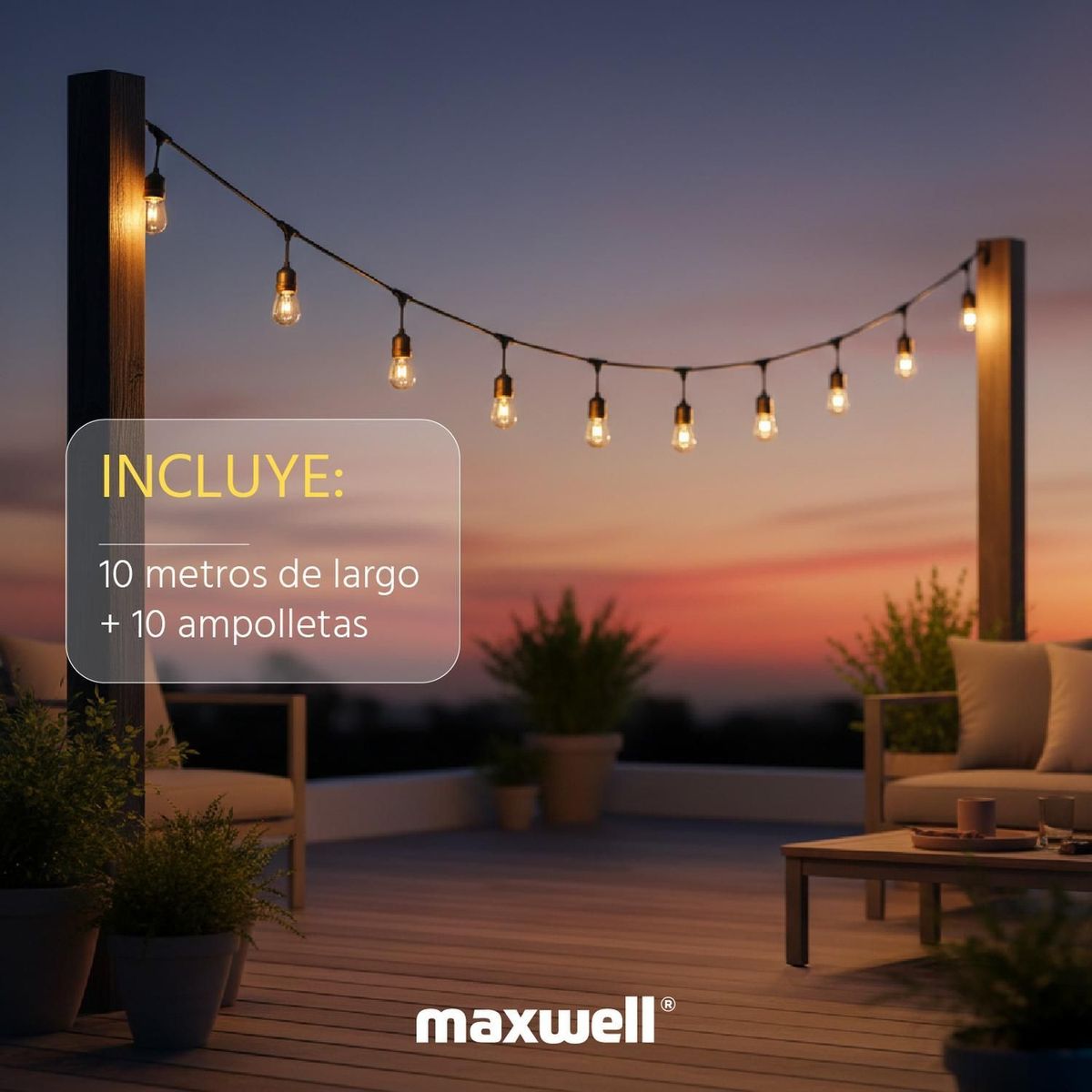 MAXWELL - Guirnalda Maxwell 10m Luces Exterior Terraza Impermeable