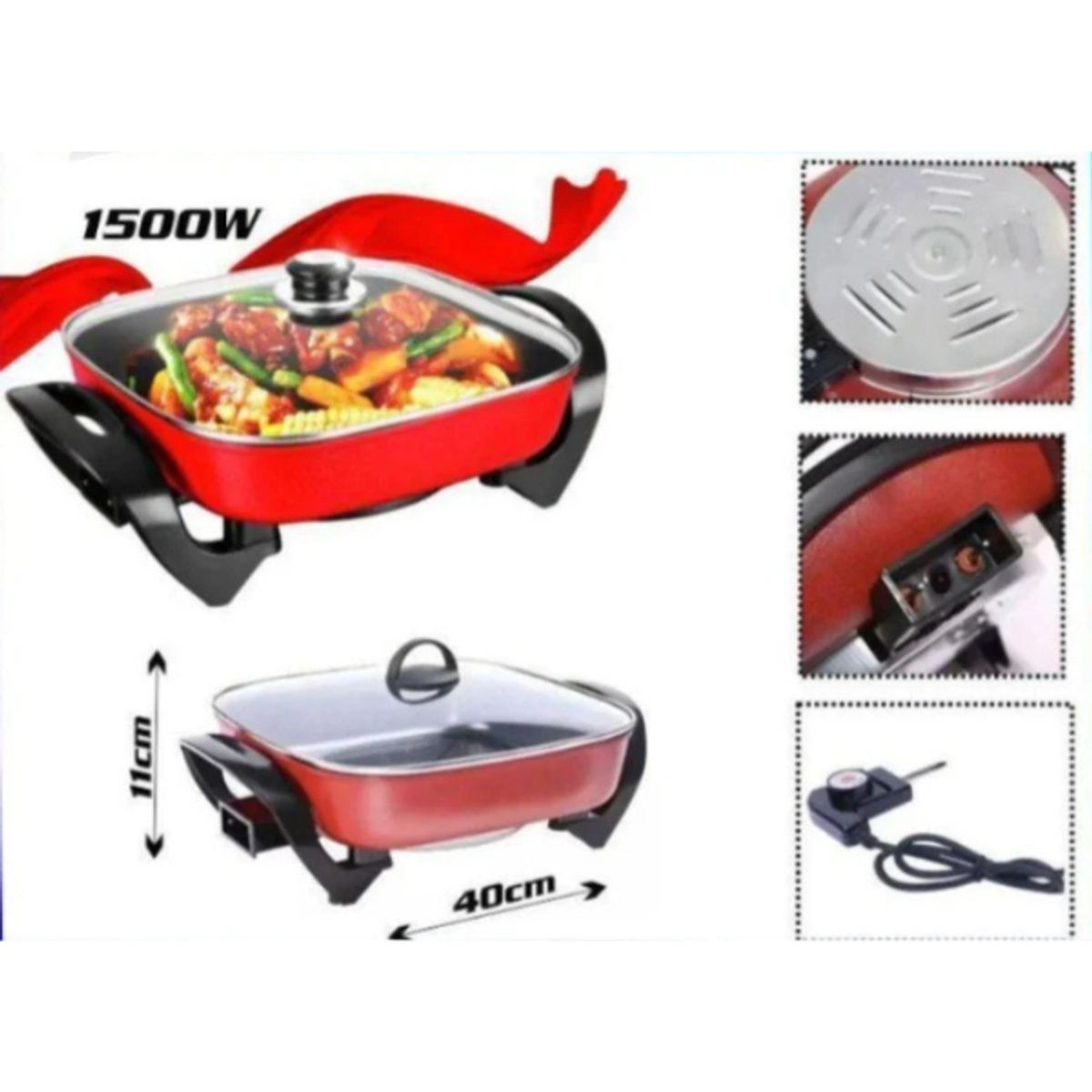 GENERICO - Sartén Olla Eléctrica Multifuncional 1500w Rojo