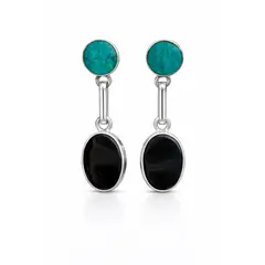 JIREH JOYAS - Aros Turquesa Ónix Ovalado Plata 950 Tornillo Mariposa Colgantes Mujer Elegantes Piedra Negra Azul